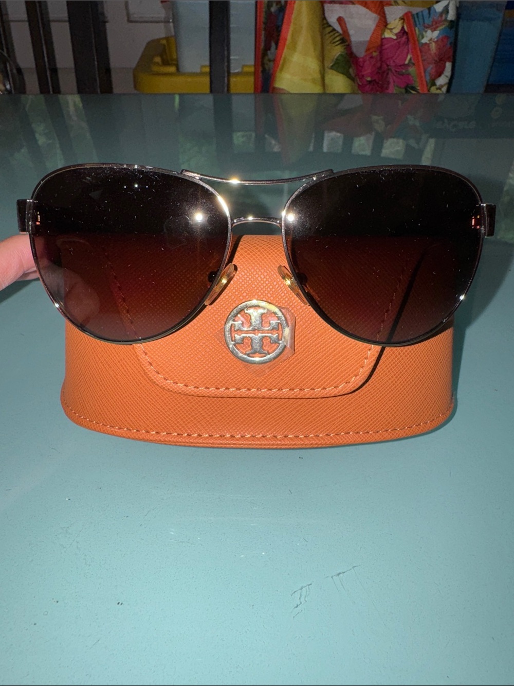 Tory Burch Brown Gradient Aviator Sunglasses with Orange Case